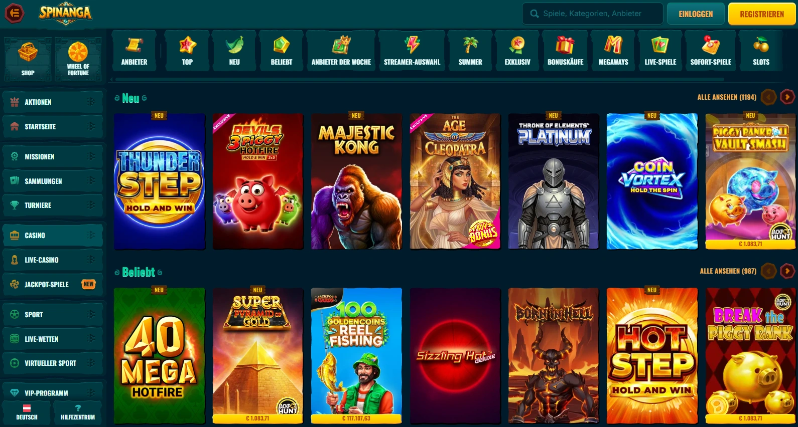 Spielangebot im Casino Spinanga: Slots, Live-Tische und Instant Games